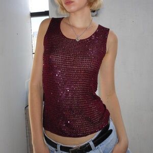 Vintage Sequin Crochet Knit Sleeveless Top Burgundy Wine Red